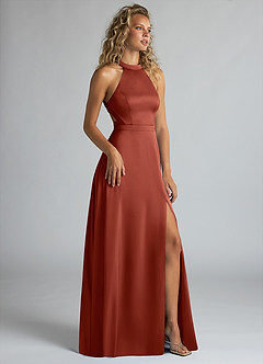 Azazie Clarice Brautjungfernkleider A-Linie Hoher Kragen Stretch-Satin Kleid Terrakotta image2