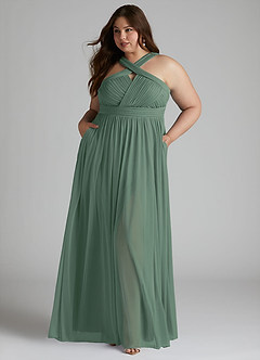 Azazie Hillian Bridesmaid Dresses Eucalyptus A-Line Halter Pleated Mesh Dress image8