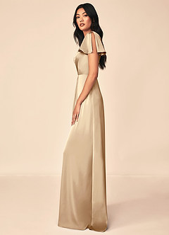 Azazie Soren Bridesmaid Dresses Champagne A-Line Pleated Stretch Satin Dress image3