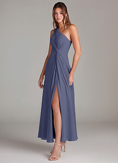 Azazie Brooke Robes de demoiselle d'honneur Robe Trapèze en Mousseline de soie Une épaule Bleu Orageux image3