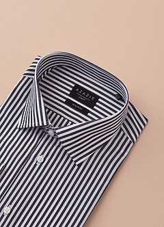 front Aiden White Navy Blue 100% Cotton Non-Iron Striped Dress Shirt