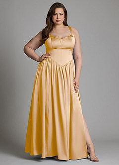 Azazie Francis Vestidos de damas de honor Vestido Oro de Satén Elástico de Línea A con Corsé image12