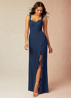 Azazie Camellia Bridesmaid Dresses Dark Navy Sheath Lace Chiffon Dress image1