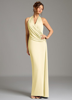 Azazie Nakia Bridesmaid Dresses Lemon Sorbet Sheath Pleated Premium Stretch Jersey Dress image4