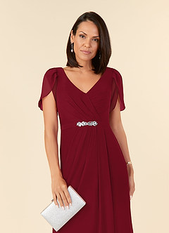 Azazie Marianne vestidos de madre de la novia Vestido de Borgoña de Gasa de Recto con Cuello en V plisado image5