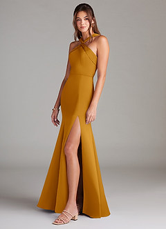 Azazie Rue Bridesmaid Dresses Butterscotch A-Line Pleated Stretch Satin Dress image5