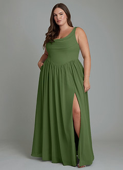 Azazie Novi Robes de demoiselle d'honneur Robe Trapèze en Mousseline de soie Plissé Olive image7