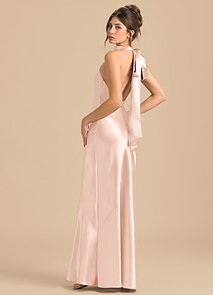 Azazie Velli Bridesmaid Dresses Rose Gold Sheath High Neck Metallic Satin Dress image1