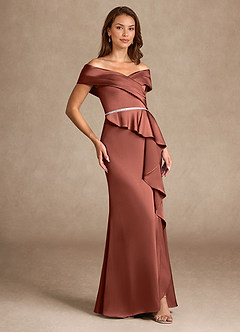 Azazie Dareia Mère de la mariée Robes Robe Sirène en Satin extensible Épaule décolletée Auburn image4