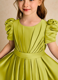 Azazie Miriam Flower Girl Dresses Lemongrass Ball-Gown Pleated Matte Satin Dress image8