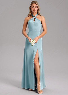 Azazie Tracie Bridesmaid Dresses Moody Blue A-Line Side Slit Stretch Satin Dress image1