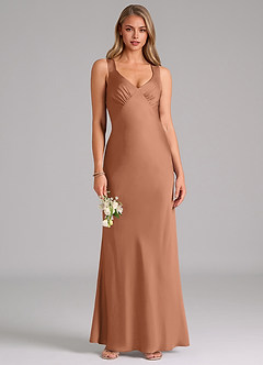 Azazie Kamila Bridesmaid Dresses Bronzer A-Line Pleated Stretch Satin Dress image1