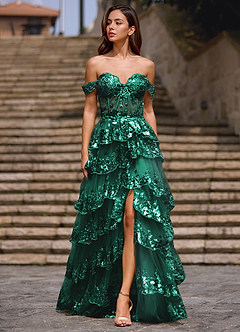 Glitz Verde Vestido de fiesta de corte A con volantes image3