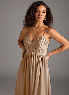 Azazie Alia Bridesmaid Dresses Taupe A-Line Pleated Stretch Satin Dress image3