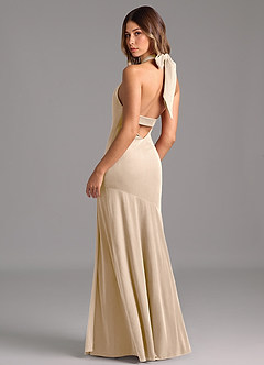 Azazie Drita Bridesmaid Dresses Champagne A-Line Pleated Velvet Dress image2