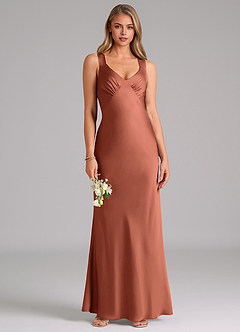 Azazie Kamila Robes de demoiselle d'honneur Robe Trapèze en Satin extensible Plissée Argile image1