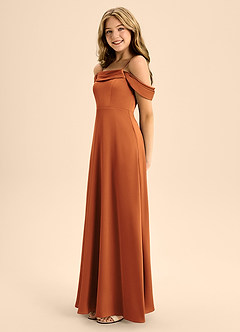 Azazie Anselie Junior Cinnamon A-Line Off the Shoulder Stretch Satin Dress image6