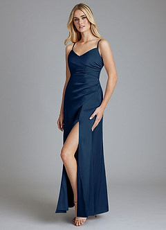 Azazie Azuree Vestidos de damas de honor Vestido de Azul Marino Oscuro de Satén Elástico de Corte en A con Plisado image4