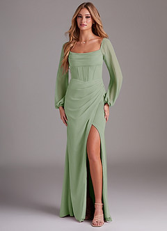 Azazie Charissa At-home Try On Dresses Dusty Sage Sheath Long Sleeve Chiffon Dress image1