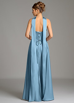 Azazie Ayla Abiti da Damigella Abito A-Line in Raso Elasticizzato Corsetto Blu Acciaio image7