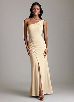 Azazie Madelyn Vestidos de damas de honor Vestido de Champán de Gasa de Corte Sirena Convertible con Hombro unilateral image7