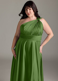 Azazie Charlize Robes de demoiselle d'honneur Robe Trapèze en Satin extensible Une épaule Basilic image14