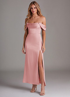 Azazie Saige Bridesmaid Dresses Powder Pink Mermaid Off the Shoulder Stretch Satin Dress image3