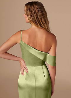 Azazie Lia Bridesmaid Dresses Pistachio Sheath Off the Shoulder Metallic Satin Dress image2