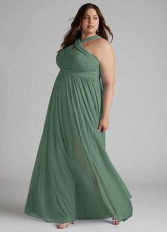 Azazie Hillian Bridesmaid Dresses Eucalyptus A-Line Halter Pleated Mesh Dress image10