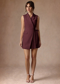 front Alina Cabernet Refined Weave Pleated Wrap Blazer Dress