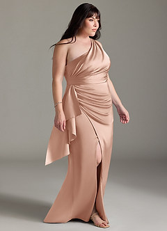 Azazie Maive Bridesmaid Dresses Rose Gold Sheath Ruched Stretch Satin Dress image8