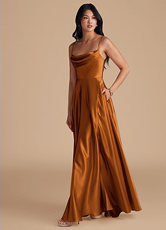 Azazie Elle Bridesmaid Dresses Copper A-Line with Pockets Metallic Satin Dress image6