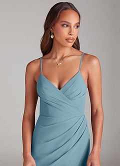 Azazie Maci Bridesmaid Dresses Moody Blue Sheath Pleated Chiffon Dress image5