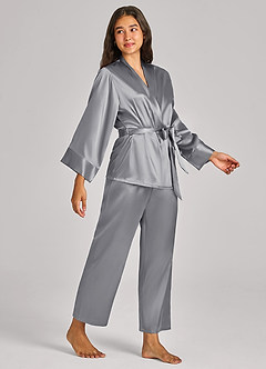 front Matching Color Satin Wrap Front Belted PJ Set