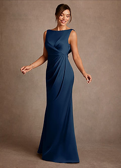 Azazie Baltimore vestidos de madre de la novia Vestido de Azul Marino Oscuro de Satén Elástico de Corte en A con Plisado image3