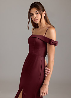 Azazie Zayla Bridesmaid Dresses Cabernet A-Line Off the Shoulder Stretch Satin Convertible Dress image2