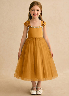 Azazie Yosemite Flower Girl Dresses Butterscotch Ball-Gown Sweetheart Neckline Tulle Dress image3