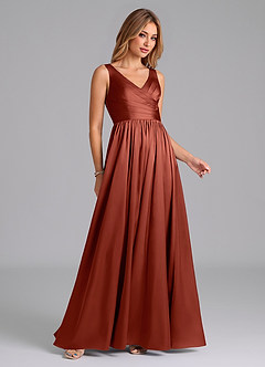Azazie Keyla Bridesmaid Dresses Terracotta A-Line Pleated Stretch Satin Dress image5