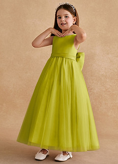 Azazie Cookie Robe Demoiselle D'honneur Fillette Robe Trapèze en Tulle Arc Citronnelle image4
