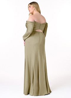 Azazie Hallie Vestidos de damas de honor Vestido de Musgo Verde de Satén Elástico de Corte Recto Convertible con Manga larga con hombros descubiertos image10