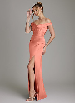 Azazie Teyana Bridesmaid Dresses Salmon Pink Sheath Off the Shoulder Stretch Satin Dress image5