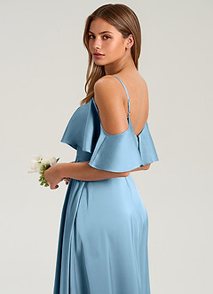 Azazie Jean Bridesmaid Dresses Steel Blue A-Line Off the Shoulder Stretch Satin Dress image7