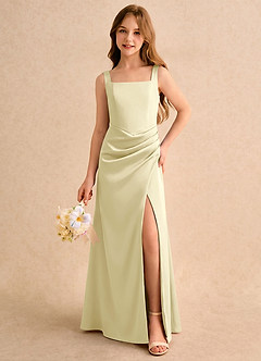 Azazie Noah Girls Formal Jurken voor bloemenmeisjes Kolom Jurk van Stretch Satijn Geplooide Citroensorbet image3
