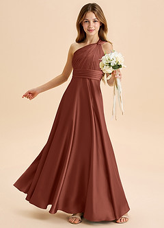 Azazie Charlize Junior Abito A-Line in Raso Elasticizzato Plissettato Auburn image4