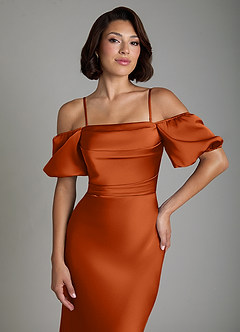 Azazie Lea Bridesmaid Dresses Burnt Orange Mermaid Off the Shoulder Stretch Satin Convertible Dress image3
