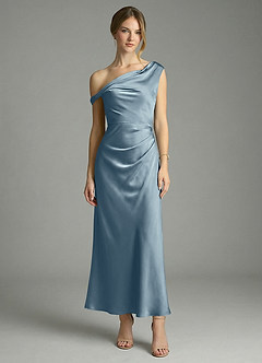 Azazie Emerson Bridesmaid Dresses Dusty Blue Mermaid Off the Shoulder Stretch Satin Dress image5