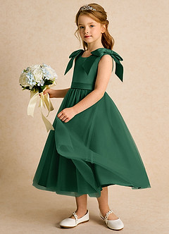 Azazie Serene Abiti da Ragazza di Fiori Abito Principessa in Raso Opaco Fiocco Verde Scuro image2
