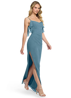 Azazie Jasmine At-home Try On Dresses Agave Sheath Side Slit Chiffon Dress image3