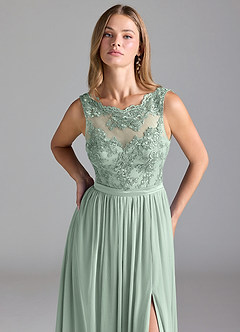 Azazie Elly Bridesmaid Dresses Agave A-Line Lace Mesh Dress image6