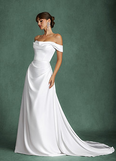 Azazie Brittney Wedding Dresses Diamond White A-Line Off the Shoulder Stretch Satin Dress image2